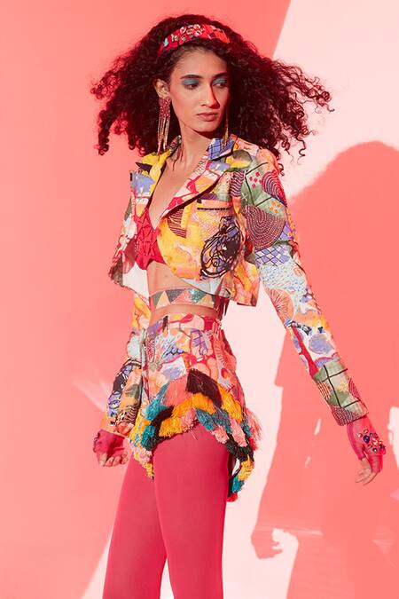 Esha L Amin_Multi Color Viscose, Crepe Embroidery Collared Stella Crop Jacket _Online_at_Aza_Fashions