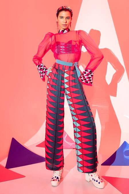 Shop_Esha L Amin_Multi Color Viscose Embroidery Coachella Geometric Print Bralette _Online_at_Aza_Fashions