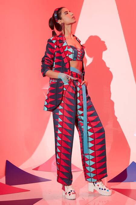 Esha L Amin_Multi Color Viscose Embroidery Coachella Geometric Print Bralette _at_Aza_Fashions