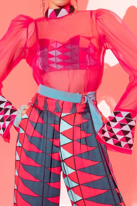 Esha L Amin_Pink Viscose, Crepe Embroidery Round Neck Placement Geometric Print Organza Top _Online_at_Aza_Fashions