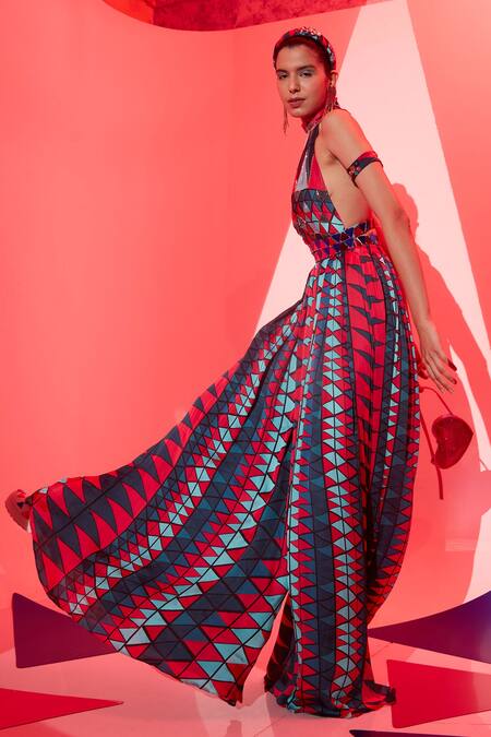 Buy_Esha L Amin_Multi Color Viscose Crepe Print Geometric Halter Neck Jumpsuit _Online_at_Aza_Fashions