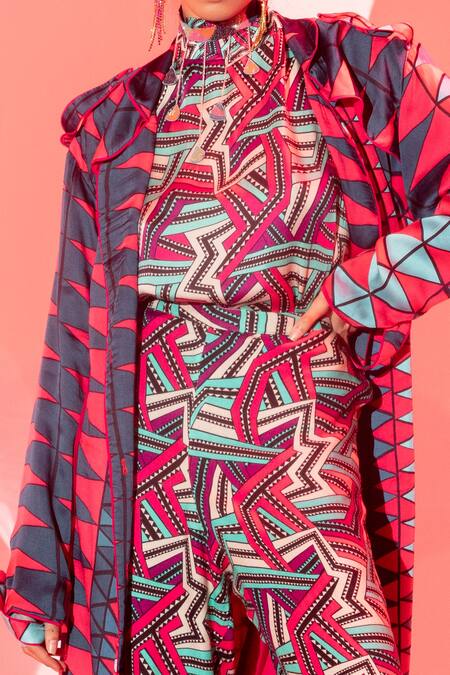 Esha L Amin_Multi Color Viscose Embroidery High Neck Zig Zag Geometric Print Top _Online_at_Aza_Fashions