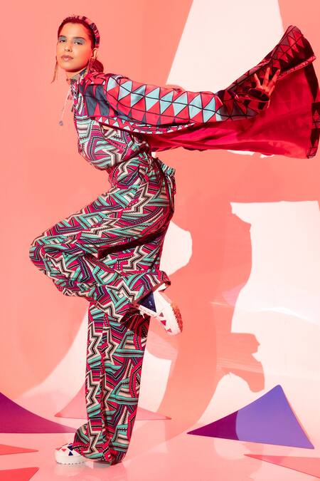 Buy_Esha L Amin_Multi Color Viscose Embroidery High Neck Zig Zag Geometric Print Top _Online_at_Aza_Fashions