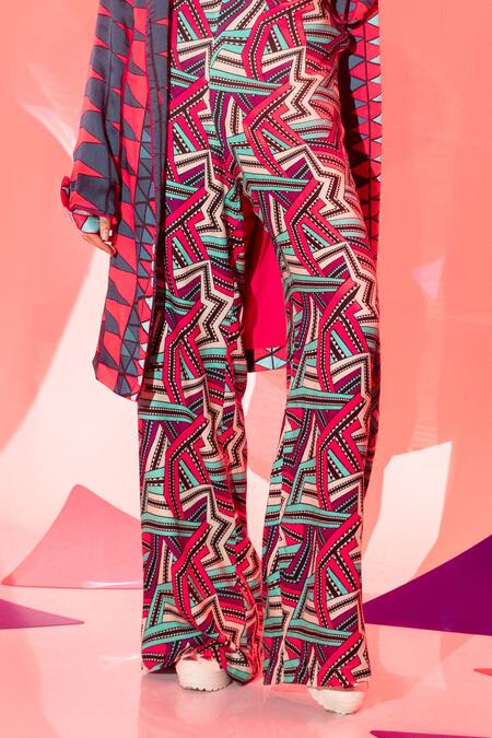 Esha L Amin_Multi Color Viscose, Crepe Zig Zag Geometric Print Pant _Online_at_Aza_Fashions