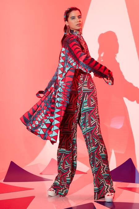 Buy_Esha L Amin_Multi Color Viscose, Crepe Zig Zag Geometric Print Pant _Online_at_Aza_Fashions