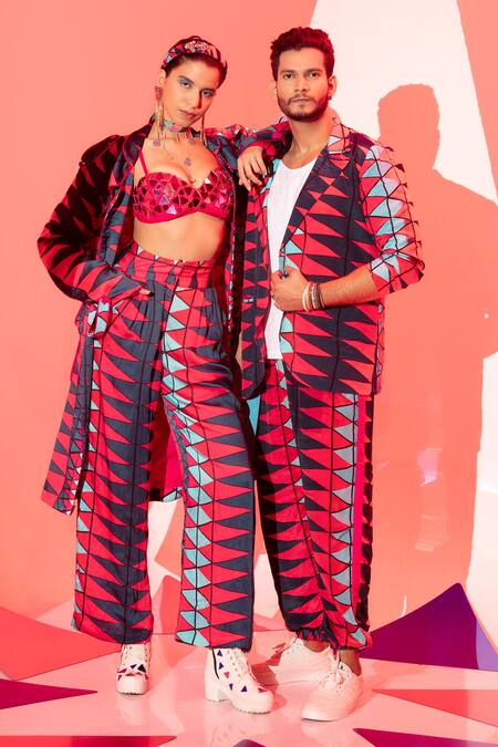 Esha L Amin_Multi Color Viscose, Crepe Embroidery Coachella Geometric Print Trench Jacket _Online_at_Aza_Fashions