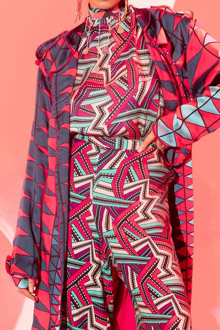 Shop_Esha L Amin_Multi Color Viscose, Crepe Embroidery Coachella Geometric Print Trench Jacket _Online_at_Aza_Fashions