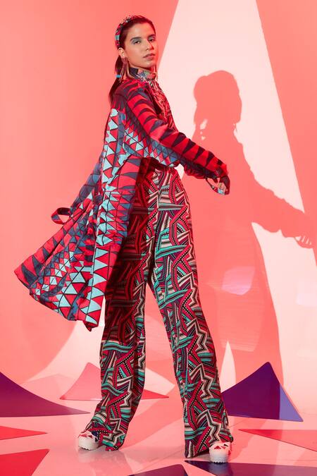 Esha L Amin_Multi Color Viscose, Crepe Embroidery Coachella Geometric Print Trench Jacket _at_Aza_Fashions