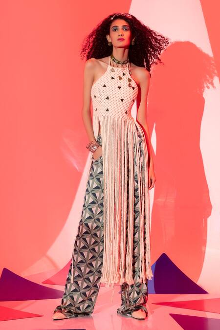 Esha L Amin_Green Viscose, Crepe Pyramid Print Pant _Online_at_Aza_Fashions