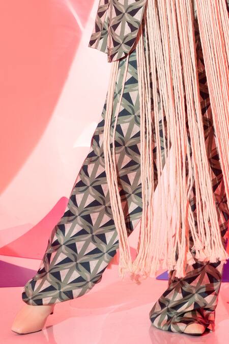 Buy_Esha L Amin_Green Viscose, Crepe Pyramid Print Pant _Online_at_Aza_Fashions