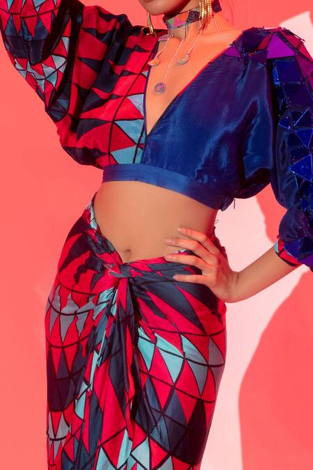 Esha L Amin_Multi Color Viscose Mirrors, Embroidery V-neck Coachella Crop Top_Online_at_Aza_Fashions
