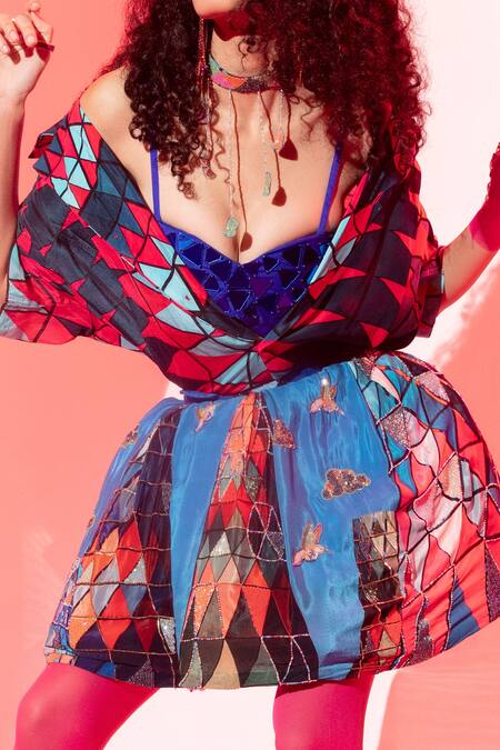 Esha L Amin_Blue Viscose Mirrors Abstract Embellished Bralette _Online_at_Aza_Fashions