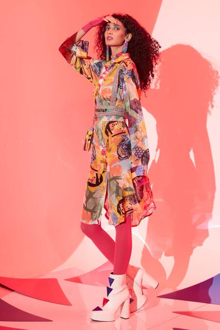 Esha L Amin_Multi Color Viscose Crystals Collared Abstract Print Long Shirt _Online_at_Aza_Fashions