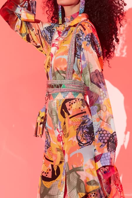 Buy_Esha L Amin_Multi Color Viscose Crystals Collared Abstract Print Long Shirt _Online_at_Aza_Fashions