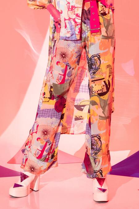 Esha L Amin_Multi Color Viscose, Crepe Abstract Print Stella Pant _Online_at_Aza_Fashions