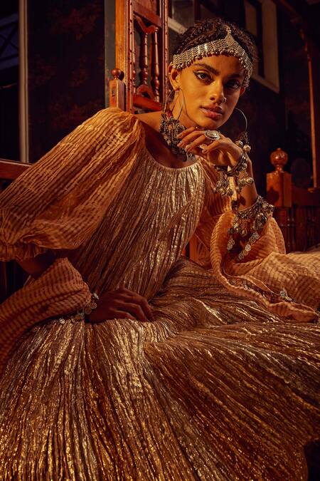 Etasha By Asha Jain Gold Silk, Tissue, Crepe Sequins, Embroidery, Metallic Embellished Anarkali Set Online at Aza Fashions Etasha By Asha Jain_Gold Silk, Tissue, Crepe Sequins, Embroidery, Metallic Embellished Anarkali Set _Online_at_Aza_Fashions