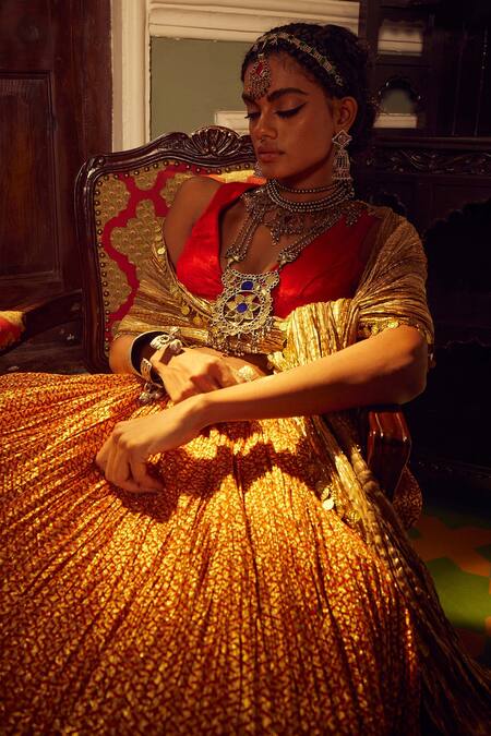 Etasha By Asha Jain_Red Velvet, Tissue Sequins, Tassels V-neck Metallic Flock Textured Lehenga Set _Online_at_Aza_Fashions