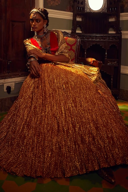 Buy_Etasha By Asha Jain_Red Velvet, Tissue Sequins, Tassels V-neck Metallic Flock Textured Lehenga Set _Online_at_Aza_Fashions