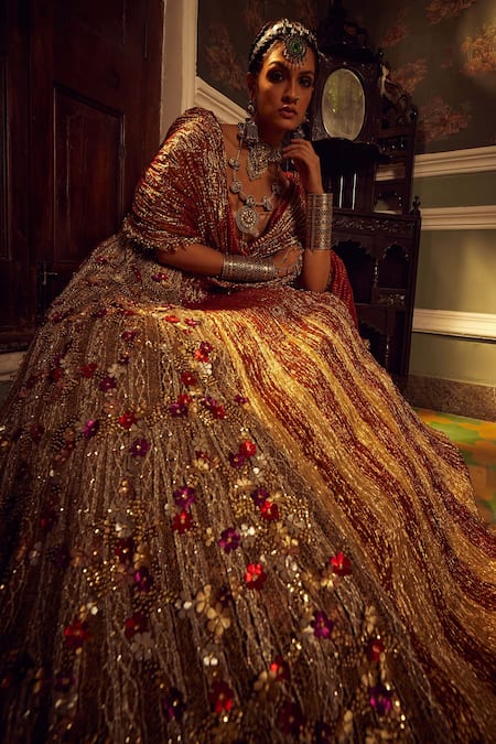 Etasha By Asha Jain Gold , Organza, Tissue Sequins Metallic Textured Flared Lehenga Set Online at Aza Fashions Etasha By Asha Jain_Gold , Organza, Tissue Sequins Metallic Textured Flared Lehenga Set _Online_at_Aza_Fashions