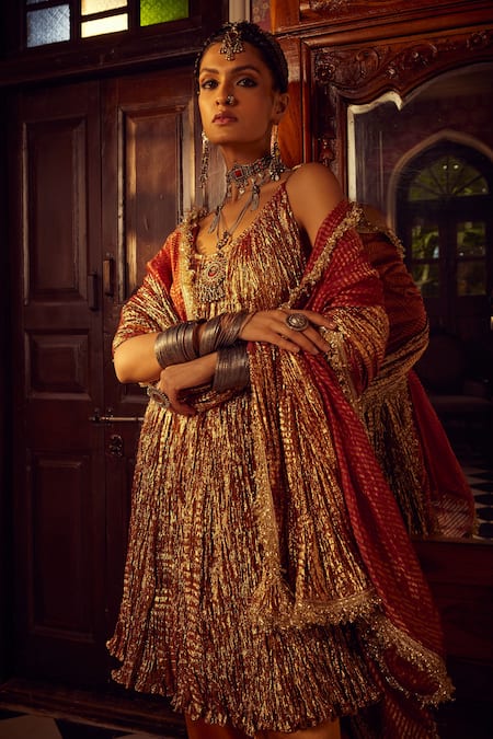 Etasha By Asha Jain Brown Silk, Tissue Sequins, Lace Round Neck Metallic Strappy Kurta Set Online at Aza Fashions Etasha By Asha Jain_Brown Silk, Tissue Sequins, Lace Round Neck Metallic Strappy Kurta Set _Online_at_Aza_Fashions