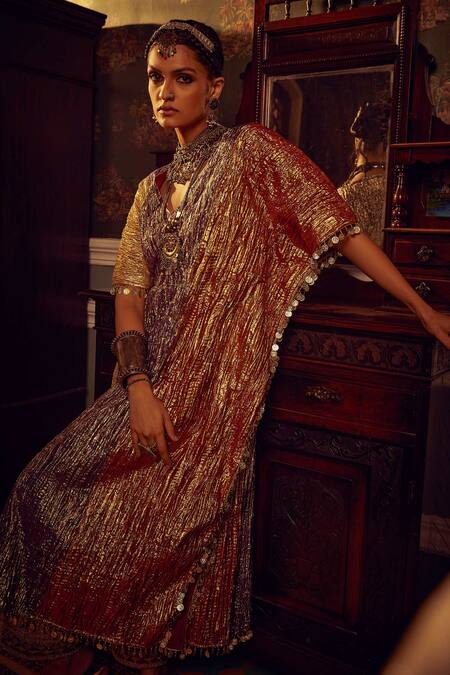 Etasha By Asha Jain_Purple Tissue, Crepe Sequins, Embroidery Round Tri-coloured Kaftan And Pant Set _Online_at_Aza_Fashions