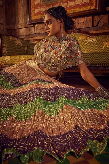 Etasha By Asha Jain_Gold Crepe Sequins, Embroidery V-neck Crochet Blouse And Metallic Lehenga Set _Online_at_Aza_Fashions