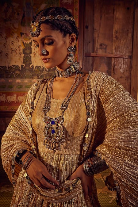 Etasha By Asha Jain Gold Brocade, Tissue, Crepe Metallic Textured Anarkali Set With Jacket Online at Aza Fashions Etasha By Asha Jain_Gold Brocade, Tissue, Crepe Metallic Textured Anarkali Set With Jacket _Online_at_Aza_Fashions