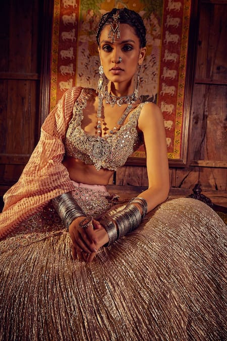 Etasha By Asha Jain Gold Organza, Tissue Embroidery, Zari, Mirrors Round Metallic And Lehenga Set Online at Aza Fashions Etasha By Asha Jain_Gold Organza, Tissue Embroidery, Zari, Mirrors Round Metallic And Lehenga Set _Online_at_Aza_Fashions