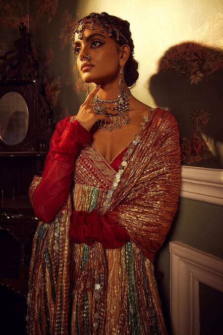 Etasha By Asha Jain_Maroon Silk, Tissue Metallic Thread, Embroidery, Textured Angrakha Anarkali Set _Online_at_Aza_Fashions