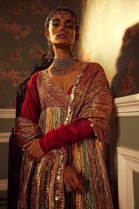 Buy_Etasha By Asha Jain_Maroon Silk, Tissue Metallic Thread, Embroidery, Textured Angrakha Anarkali Set _Online_at_Aza_Fashions