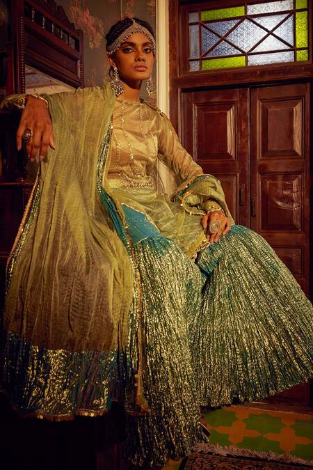 Etasha By Asha Jain Green Organza, Tissue, Crepe Embroidery, Sequins Boat Sheer Kurta Sharara Set Online at Aza Fashions Etasha By Asha Jain_Green Organza, Tissue, Crepe Embroidery, Sequins Boat Sheer Kurta Sharara Set _Online_at_Aza_Fashions