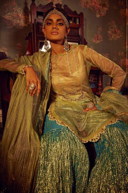Buy Etasha By Asha Jain Green Organza, Tissue, Crepe Embroidery, Sequins Boat Sheer Kurta Sharara Set Online at Aza Fashions Buy_Etasha By Asha Jain_Green Organza, Tissue, Crepe Embroidery, Sequins Boat Sheer Kurta Sharara Set _Online_at_Aza_Fashions