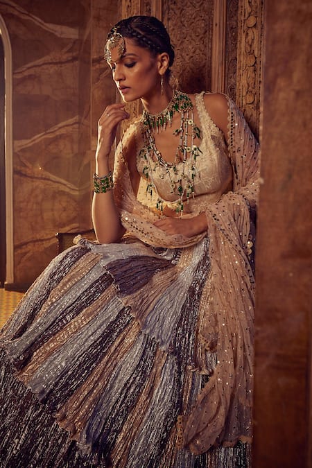 Etasha By Asha Jain_Gold Brocade, Tulle, Silk Sequins V-neck Metallic Tiered Lehenga Set _Online_at_Aza_Fashions