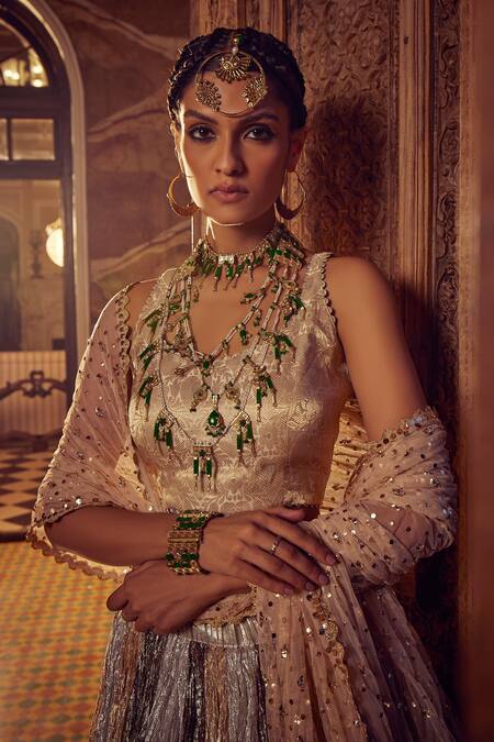 Buy_Etasha By Asha Jain_Gold Brocade, Tulle, Silk Sequins V-neck Metallic Tiered Lehenga Set _Online_at_Aza_Fashions