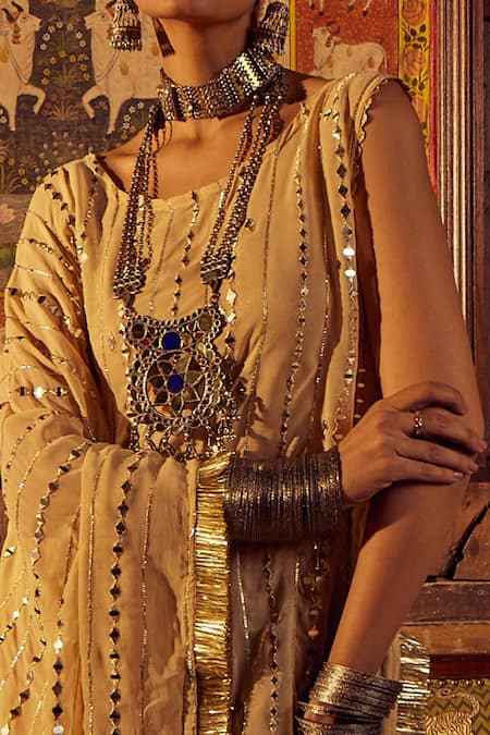 Etasha By Asha Jain_Beige Georgette, Tissue Mirrors Round Neck Embroidered Kaftan And Palazzo Set _Online_at_Aza_Fashions