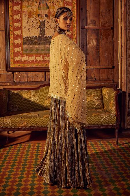 Buy_Etasha By Asha Jain_Beige Georgette, Tissue Mirrors Round Neck Embroidered Kaftan And Palazzo Set _Online_at_Aza_Fashions