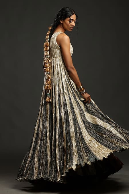 Etasha By Asha Jain_Silver Crepe, Tissue One Shoulder Metallic Flared Anarkali With Lehenga _Online_at_Aza_Fashions