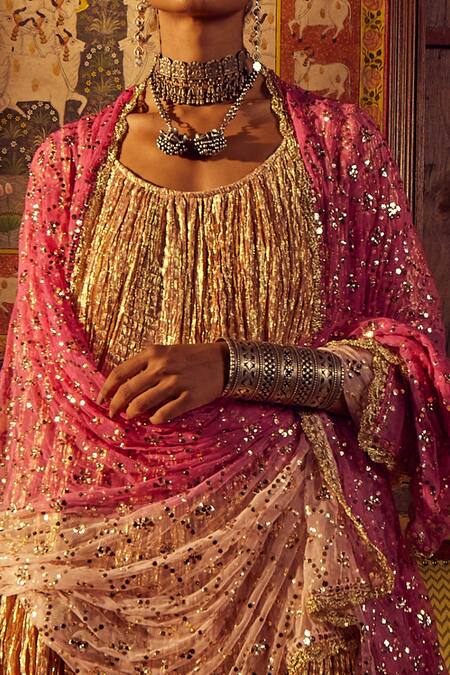 Etasha By Asha Jain_Pink Tissue, Tulle Tassels, Fringe, Sequins Metallic Kamdani Kurta Sharara Set _Online_at_Aza_Fashions