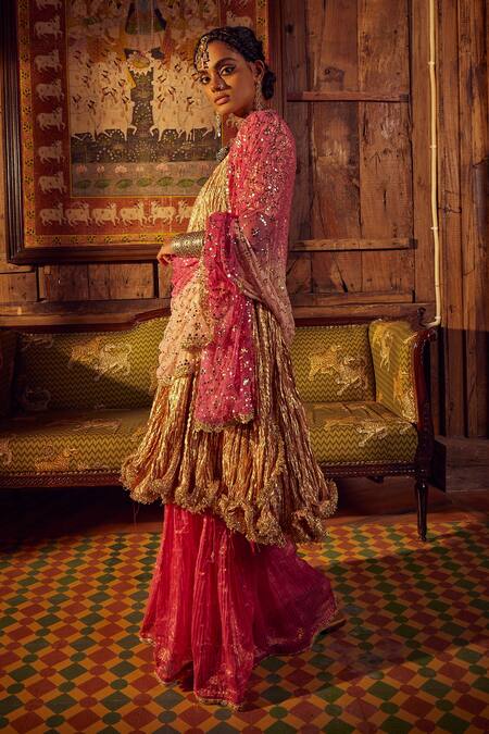 Buy_Etasha By Asha Jain_Pink Tissue, Tulle Tassels, Fringe, Sequins Metallic Kamdani Kurta Sharara Set _Online_at_Aza_Fashions