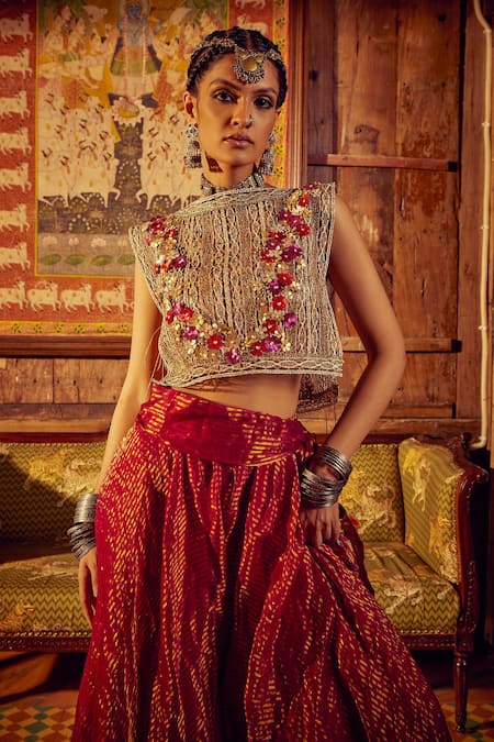 Etasha By Asha Jain_Gold Cotton, Tissue Embroidery Boat Neck Crochet Crop Top And Palazzo Set _Online_at_Aza_Fashions