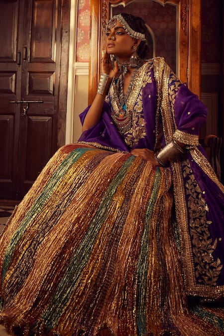 Etasha By Asha Jain_Multi Color Lehenga Metallic Tissue Embellished Textured High Waist Bridal Set _Online_at_Aza_Fashions