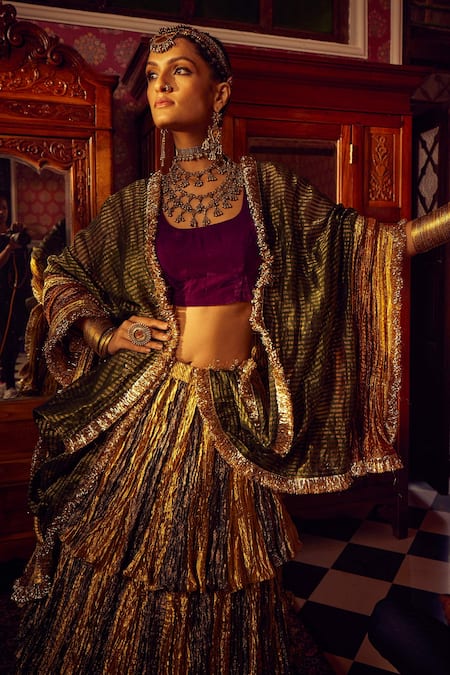 Etasha By Asha Jain Multi Color Velvet, Tissue Sequins, Embroidery Round Textured Tiered Lehenga Set Online at Aza Fashions Etasha By Asha Jain_Multi Color Velvet, Tissue Sequins, Embroidery Round Textured Tiered Lehenga Set _Online_at_Aza_Fashions