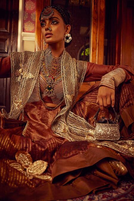 Etasha By Asha Jain_Brown Silk, Cotton, Tissue Embroidery, Sequins Crochet Jacket And Sharara Set _Online_at_Aza_Fashions