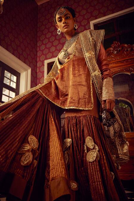 Buy_Etasha By Asha Jain_Brown Silk, Cotton, Tissue Embroidery, Sequins Crochet Jacket And Sharara Set _Online_at_Aza_Fashions