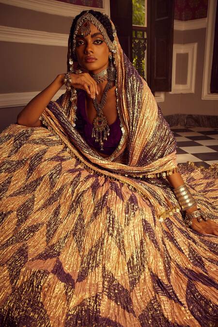 Etasha By Asha Jain_Pink Velvet, Silk, Tissue Sequins Round Neck Chevron Textured Bridal Lehenga Set _Online_at_Aza_Fashions