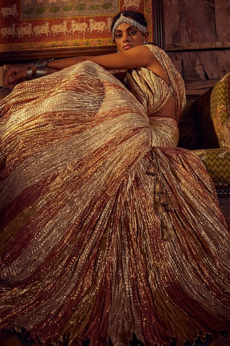 Buy_Etasha By Asha Jain_Gold Organza, Tissue Sequins, Embroidery V-neck Textured Drape Lehenga Saree Set _Online_at_Aza_Fashions