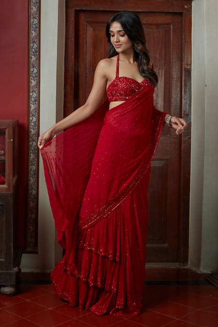 Arpita Mehta_Red Georgette Embroidery Halter Neck Pre-draped Saree With Blouse_at_Aza_Fashions