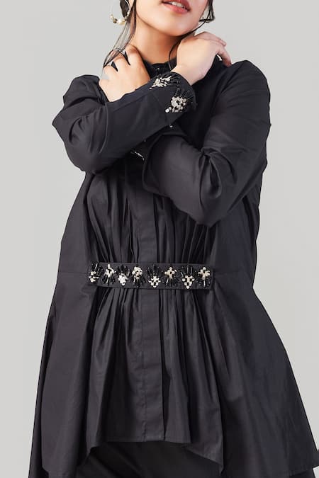 Buy_EK Dhaaga_Black Poplin, 100% Cotton Floral Spread Collar Pleated Long Shirt _Online_at_Aza_Fashions