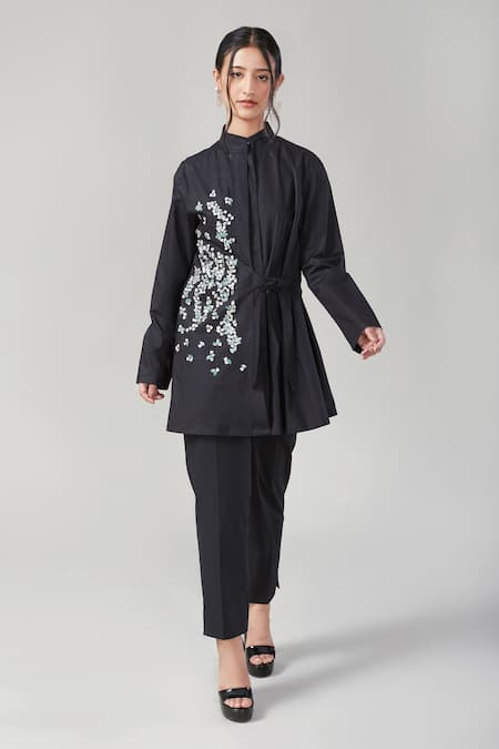 EK Dhaaga_Black Poplin, 100% Cotton Metallic Stand Collar Embellished Shirt _Online_at_Aza_Fashions