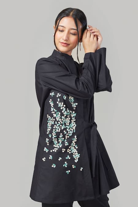 Buy_EK Dhaaga_Black Poplin, 100% Cotton Metallic Stand Collar Embellished Shirt _Online_at_Aza_Fashions